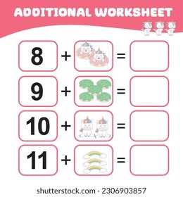 Counting unicorn activity for children. Mathematic worksheet for kids. Additional math worksheet. Count and write activity for kids. Vector file. Math worksheet for preschool children. 