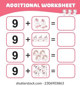 Counting unicorn activity for children. Mathematic worksheet for kids. Additional math worksheet. Count and write activity for kids. Vector file. Math worksheet for preschool children. 