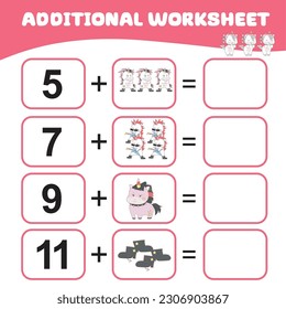 Counting unicorn activity for children. Mathematic worksheet for kids. Additional math worksheet. Count and write activity for kids. Vector file. Math worksheet for preschool children. 