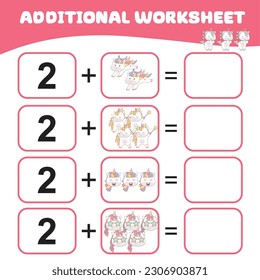 Einhornaktivitäten für Kinder. Mathematisches Arbeitsblatt für Kinder. Zusätzliche Mathematik-Arbeitsblatt. Zählen und schreiben Sie Aktivitäten für Kinder. Vektordatei. Mathematik-Arbeitsblatt für Vorschulkinder. 