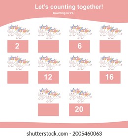 Counting unicorn game for children. Counting in 2s. Cute unicorn math worksheet. Educational printable math worksheet. Vector illustration in cartoon style.