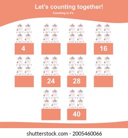 Counting unicorn game for children. Counting in 4s. Cute unicorn math worksheet. Educational printable math worksheet. Vector illustration in cartoon style