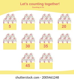 Counting unicorn game for children. Counting in 5s. Cute unicorn math worksheet. Educational printable math worksheet. Vector illustration in cartoon style. 