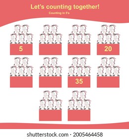 Counting unicorn game for children. Counting in 5s. Cute unicorn math worksheet. Educational printable math worksheet. Vector illustration in cartoon style.