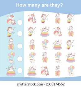 Counting unicorn game for children. Cute unicorn math worksheet. Unicorn math game. Educational printable math worksheet. Additional math for kids. Vector illustration in cartoon style. 
