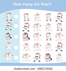 Counting unicorn game for children. Cute unicorn math worksheet. Unicorn math game. Educational printable math worksheet. Additional math for kids. Vector illustration in cartoon style. 