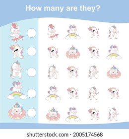 Counting unicorn game for children. Cute unicorn math worksheet. Unicorn math game. Educational printable math worksheet. Additional math for kids. Vector illustration in cartoon style. 