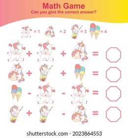Counting unicorn game for children. Cute unicorn math worksheet. Educational printable math worksheet. Vector illustration in cartoon style.