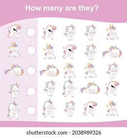 Counting unicorn game for children. Cute unicorn math worksheet. Unicorn math game. Educational printable math worksheet. Preschool Education. Vector illustration.