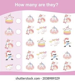 Counting unicorn game for children. Cute unicorn math worksheet. Unicorn math game. Educational printable math worksheet. Preschool Education. Vector illustration.