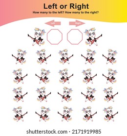 Counting unicorns left or right worksheet. Educational printable math worksheet. Vector illustration.