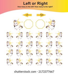 Counting unicorns left or right worksheet. Educational printable math worksheet. Vector illustration.