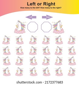 Counting unicorns left or right worksheet. Educational printable math worksheet. Vector illustration.