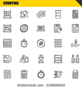 counting vector line icons set. abacus, calculator and calculator Icons. Thin line design. Modern outline graphic elements, simple stroke symbols stock illustration