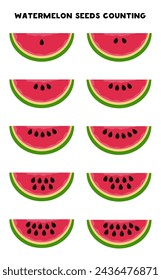 Counting watermelon seeds. Math game for kids. Poster for children.