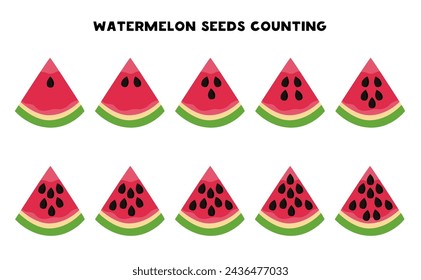 Counting watermelon seeds. Math game for kids. Poster for children.