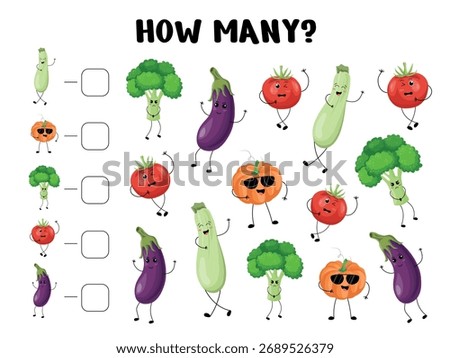 Counting worksheet for children featuring expressive vegetable characters including tomato, eggplant, zucchini, broccoli, and pumpkin for early math practice