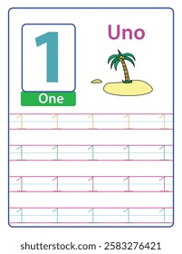 A counting worksheet to help children practice number 1, in spanish uno with visual aids and guided tracing lines.