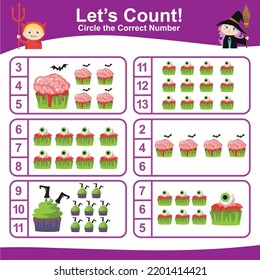 Counting worksheet for preschool and kindergarten. Teaching children how to count and match images with the number. Educational printable math worksheet. Vector illustration.