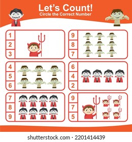 Counting worksheet for preschool and kindergarten. Teaching children how to count and match images with the number. Educational printable math worksheet. Vector illustration.