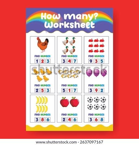 Counting Worksheet template for Kids Number Recognition and Matching Activity, a4 print ready worksheet vector template for kids suitable for back to school