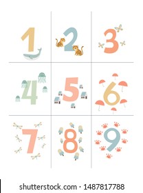 Counting and writing numbers for kids with cute cartoon animals. Editable vector illustration