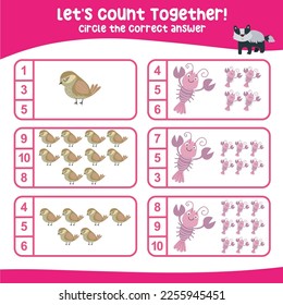 Let’s counting the yabby and xenops together and circle the number on the worksheet. Educational printable math worksheet for kids. Math game for children. Vector illustration.