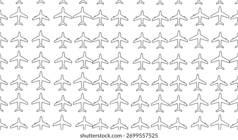 Inúmeros aviões são organizados em fileiras arrumadas, criando um padrão de arte simples em preto e branco, simbolizando viagens em massa e aviação.