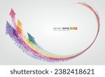 Countless colorful particles form a rainbow-shaped arrow, symbolizing rise and development, vector graphics.