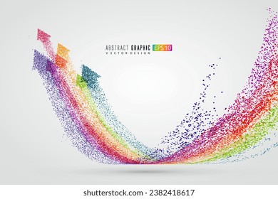 Countless colorful particles form a rainbow-shaped arrow, symbolizing rise and development, vector graphics.