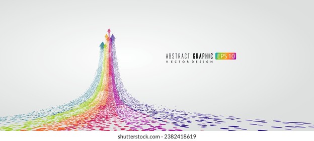 Countless colorful particles form a rainbow-shaped arrow, symbolizing rise and development, vector graphics.