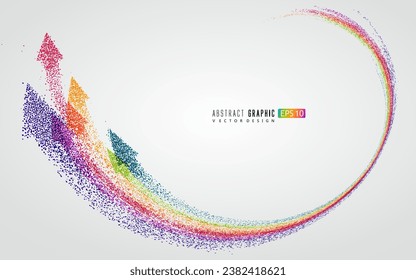 Countless colorful particles form a rainbow-shaped arrow, symbolizing rise and development, vector graphics.