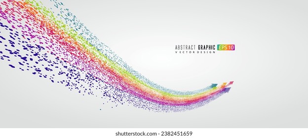 Countless colorful particles form a rainbow-shaped arrow, symbolizing rise and development, vector graphics.