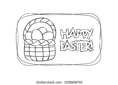 Countour hand drawn Easter card with Egg Basket. Festive kids coloring in doodle style isolated on white background. Vector illustration