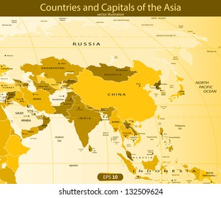 Countries and Capitals of the Asia - ocher. Vector illustration
