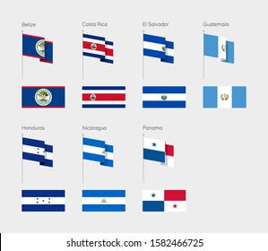 Countries of Central America according to the UN classification. Set of flags. Belize, Costa Rica, El Salvador, Guatemala, Honduras, Nicaragua, Panama.
