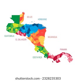 Countries of Central America - map with administrative divisions of Belize, Guatemala, Honduras, El Salvador, Nicaragua, Costa Rica and Panama. Colorful map with labels.