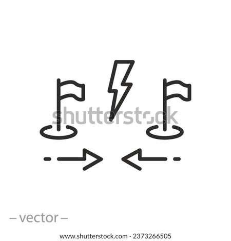 countries conflict icon, split in diplomatic relations, two flags and lightning, thin line symbol - editable stroke vector illustration