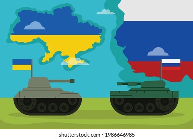 Countries Conflict Vector Concept: Military Tank Of Ukraine And Russia Doing Attack Each Other