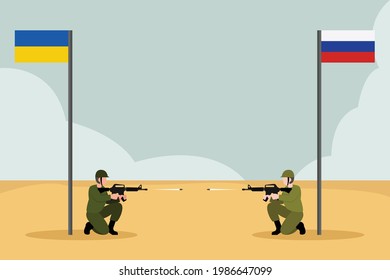 Countries conflict vector concept: Soldiers of Ukraine and Russia attack each other while using their weapon