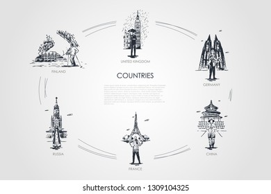 Countries - Finland, United Kingdom, Germany, France, Russia, China vector concept set. Hand drawn sketch isolated illustration