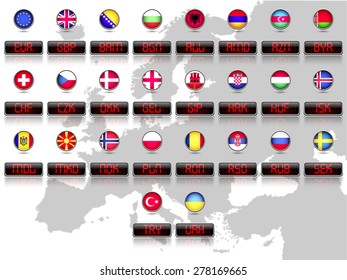 Countries flags with official currency symbols, Europe