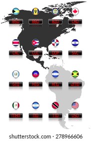 Countries flags with official currency symbols, North and Central America