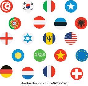 countries flags with round shape in one background