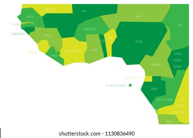 Countries of Guinea Gulf - Western Africa. Simplified and schematic political map. Vector illustration in shades of green.