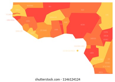 Countries of Guinea Gulf - Western Africa. Simplified and schematic political map. Vector illustration in shades of orange.