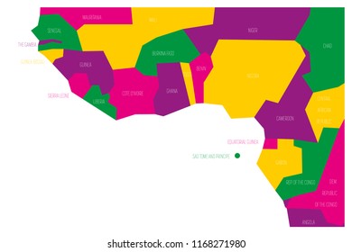 Countries of Guinea Gulf - Western Africa. Simplified and schematic political map. Vector illustration.