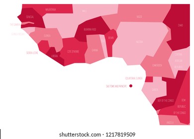 Countries of Guinea Gulf - Western Africa. Simplified and schematic political map. Vector illustration in shades of pink.