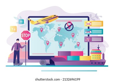 Countries have imposed sanctions against Russian. Delivery route of goods on monitor screen. Prohibition on import and export of goods to Russia. Man with stop sign in hands. Flat vector illustration