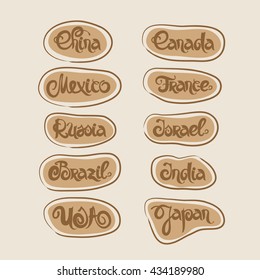 Countries lettering. Set of grunge vector labels